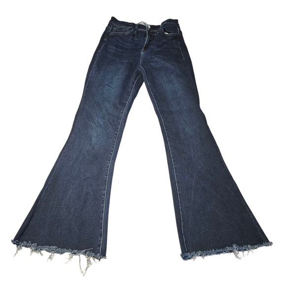 Women's Dark Blue Frayed Hem Flare Jeans - Picture 2 of 2